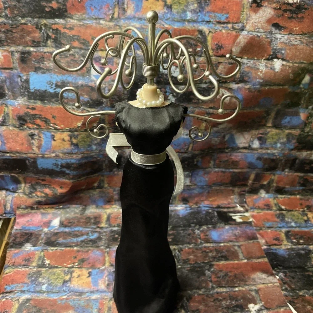 Dress Form Hanging Jewelry Stand Black/Silver Metal & Fabric 15 Inches Tall